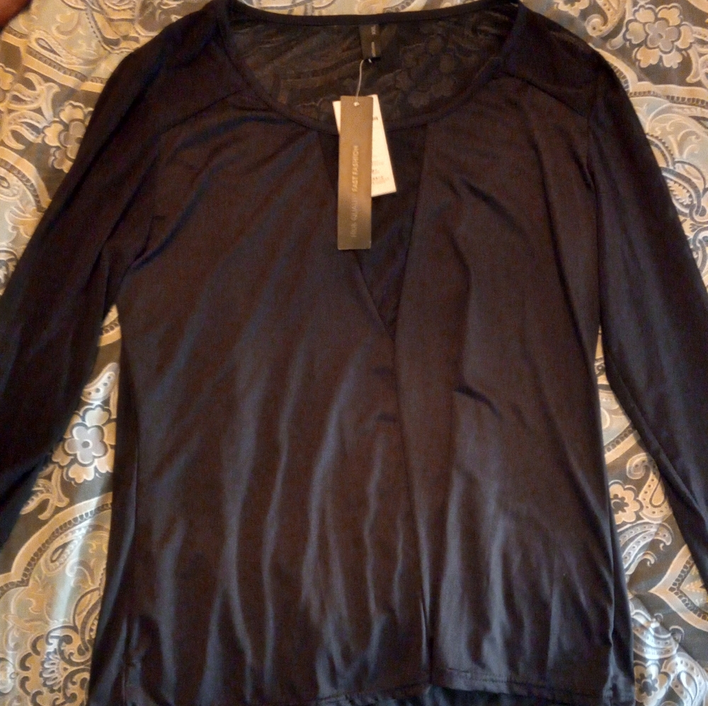 Black sheer detail long sleeve shirt